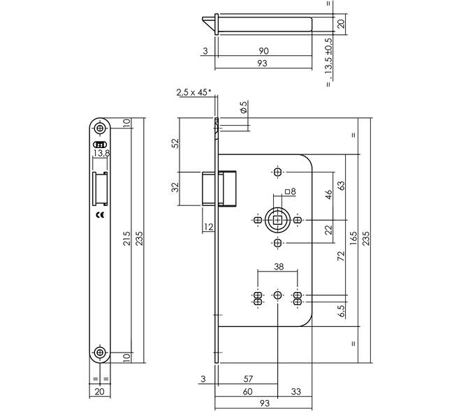 Loopslot doornmaat 60mm met krukgat 8mm voorzien van afgeronde rvs voorplaat 20 x 235 mm en delrin glijschoot voor een din linkse deur