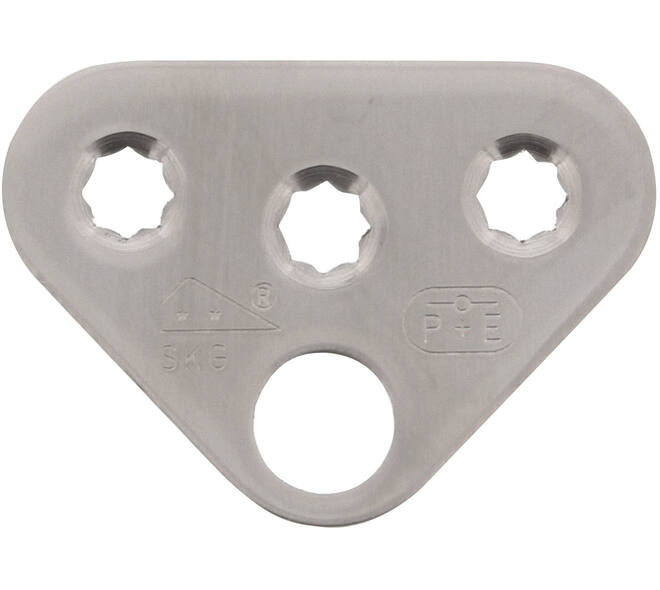 Driehoek sluitplaat vlak RVS tbv espagnolet inclusief P+E en SKG** logo afmeting 60,5x43x3mm met gat van 13mm