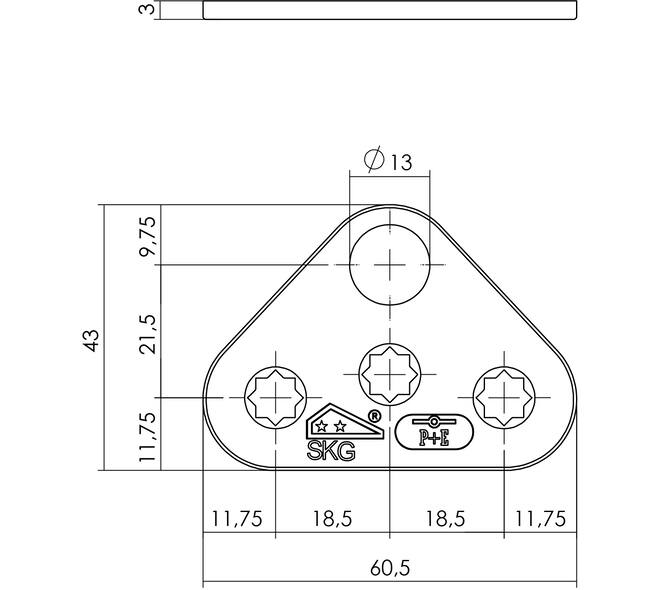 Driehoek sluitplaat vlak RVS tbv espagnolet inclusief P+E en SKG** logo afmeting 60,5x43x3mm met gat van 13mm