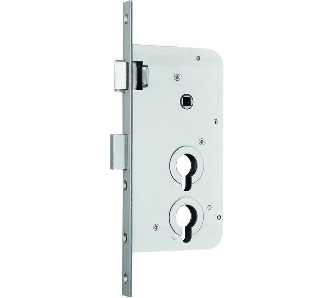 Dag- en nachtslot voor 2 sluitsystemen PC60 en PC108 doornmaat 60mm, krukgat 8mm met een rechthoekige roestvast stalen voorplaat 18x270mm Din RS