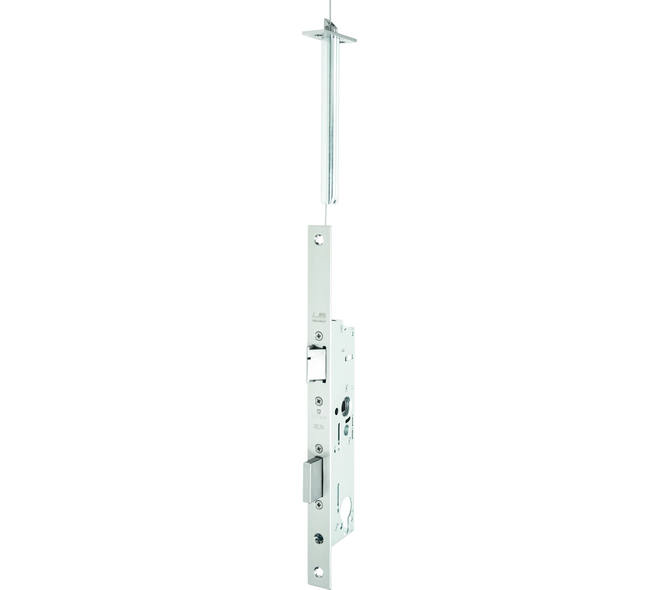 Zelfvergrendelend smal anti-paniek functie E+ veiligheidslot DM35mm PC92 DIN LS met extra bovensluiting. Goedkeuring volgens EN 1634-1 tot 3, SN EN 179 en EN 1125. Inbraakwerend tot klasse RC2 realiseerbaar in geschikte deursystemen.