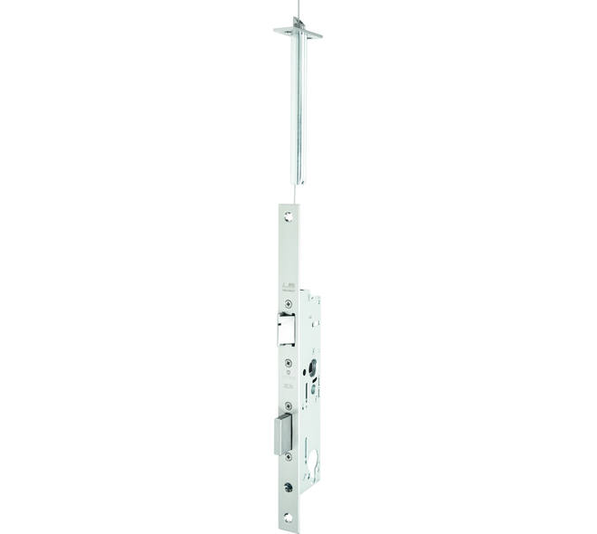 Zelfvergrendelend smal anti-paniek functie E+ veiligheidslot DM35mm PC92 DIN RS met extra bovensluiting. Goedkeuring volgens EN 1634-1 tot 3, SN EN 179 en EN 1125. Inbraakwerend tot klasse RC2 realiseerbaar in geschikte deursystemen.