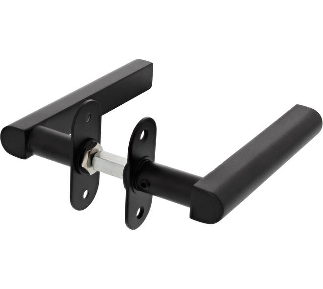 Wisselgarnituur vaste T-knop en draaibare deurkruk "DD" T-shape, L=145x55, ø20mm inclusief 9mm wisselstift voor deurdikte 50mm mat ZWART op ovaal rozet 70x28x2mm met 2 schroefgaten voor M4 en met 4 zwarte inbusboutjes M4x12mm