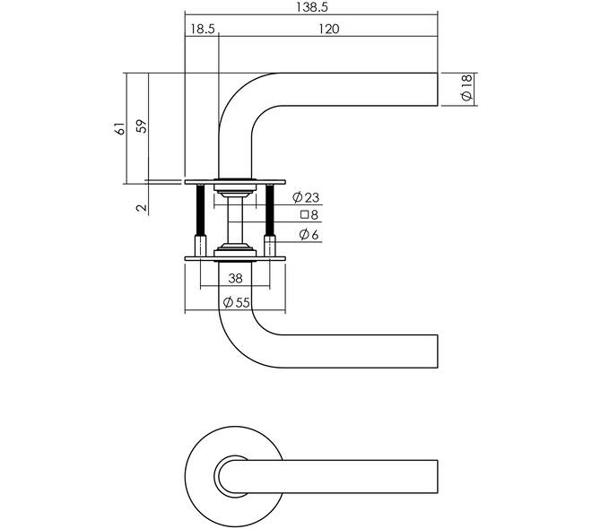 Deurkruk L-model Ø18mm met 8mm stift, vastdraaibaar op rozet Ø55mm