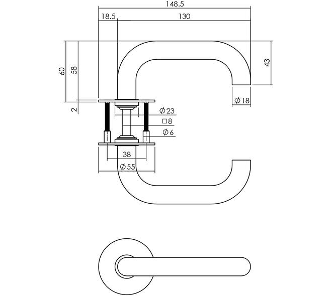Deurkruk D-model Ø18mm met 8mm stift, vastdraaibaar op rozet Ø55mm