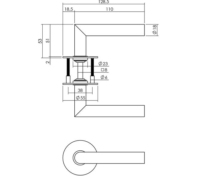Deurkruk Haaks-model 90° Ø18mm met 8mm stift, vastdraaibaar op rozet Ø55mm