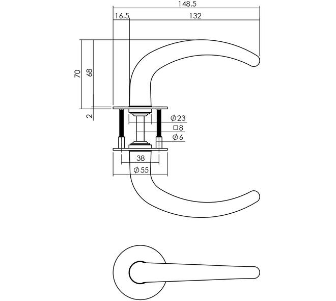 Deurkruk Sabel model met 8mm stift, vastdraaibaar op rozet Ø55mm
