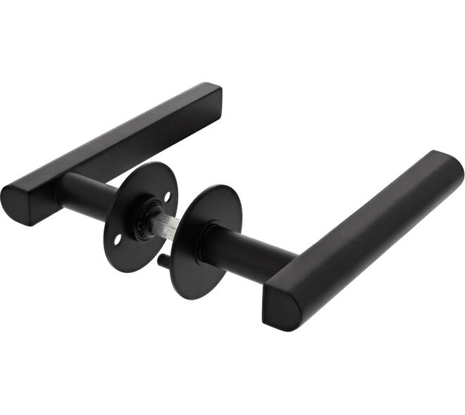 Houten deur krukgarnituur DD3- T model L=160mm, ø20mm vastdraaibaar op rozet 55mm, met 8mm stift mat ZWART voor deurdikte 40mm bevestiging  h.o.h.38mm met 2 inbusbouten zwart verzonken kop m4x35mm