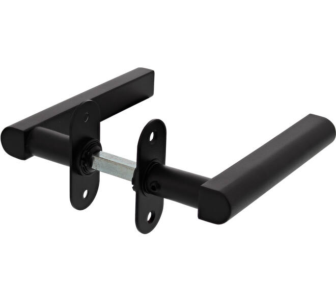 Project deurkruk"DD" T-shape, L=145x55, ø20mm met 9mm stift voor deurdikte 50mm mat ZWART op ovaal rozet 70x28x2mm met 2 schroefgaten voor M4 en met 4 zwarte inbusboutjes M4x12mm