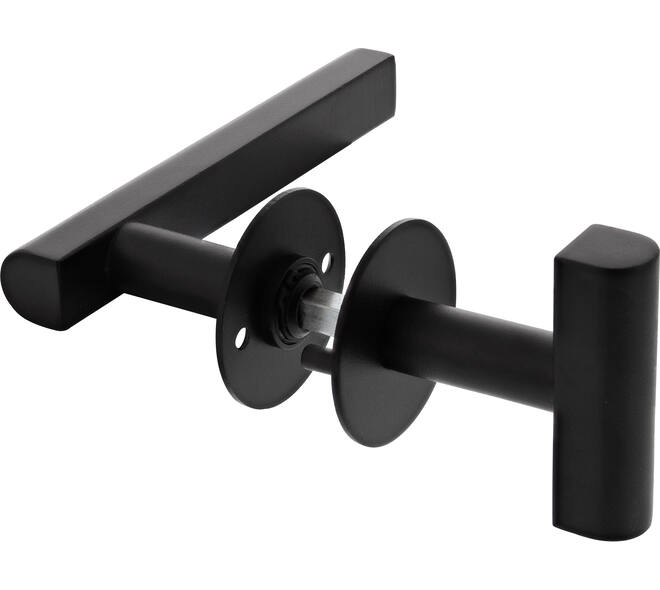 Houten deur wissel garnituur vaste T-Knop op rond rozet Ø55x2mm met draadbussen inclusief wisselstift 8mm en  "Diederick Dam" 3- T model kruk GATDEEL  8mm L=160mm, ø20mm vastdraaibaar op rozet 55mm bevestiging  schroefgaten h.o.h.38mm,  mat ZWART voor deurdikte 54mm met 2 inbusbouten zwart verzonken kop m4x50mm