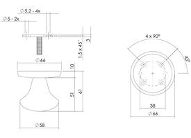 Voordeurknop paddenstoel ø58mm op achterplaat ø66mm éénzijdige montage PVD messing getrommeld
