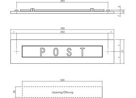 Briefplaat rechthoekig 330x77mm met verende klep binnendraaiend met tekst "POST" messing getrommeld