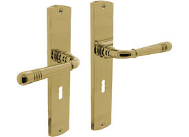 Deurkruk Helena op schild afgerond 235x45mm sleutelgat 56mm PVD messingkleur