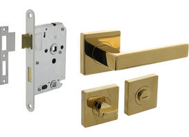 Set toiletslot 63/8mm wit met deurkruk Hera op rozet 55x55mm en WC-sluiting PVD messingkleur