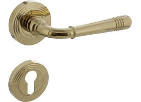 Deurkruk Helena op rozet verdekt met rillen ø55x10mm met nokken en cilinderrozetten PVD messingkleur