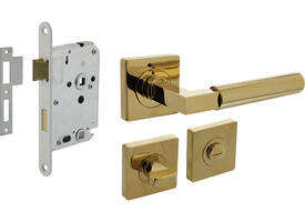 Set toiletslot 63/8mm wit met deurkruk Baustil op rozet 55x55mm en WC-sluiting PVD messingkleur