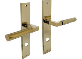 Deurkruk Baustil op schild rechthoekig 245x45mm rondcilindergat 78mm PVD messingkleur