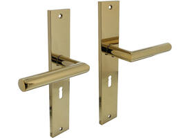 Deurkruk Bastian op schild rechthoekig 245x45mm sleutelgat 56mm PVD messingkleur