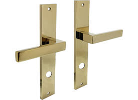 Deurkruk Hera op schild rechthoekig 245x45mm rondcilindergat 78mm PVD messingkleur