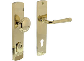 Voordeurbeslag Helena 239x50mm knop/kruk profielcilindergat 92mm met kerntrekbeveiliging PVD messingkleur