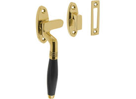 Raamsluiting links Ton met sluitplaat en sluithaak messing gelakt/ebbenhout