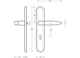 Deurkruk Elen op schild ovaal 242x43mm sleutelgat 72mm chroom/nikkel mat