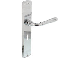 Deurkruk Helena op schild afgerond 235x45mm sleutelgat 56mm chroom