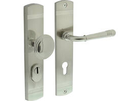 Voordeurbeslag Helena 239x50mm knop/kruk profielcilindergat 72mm met kerntrekbeveiliging nikkel mat