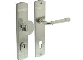 Voordeurbeslag Helena 239x50mm knop/kruk profielcilindergat 92mm met kerntrekbeveiliging nikkel mat