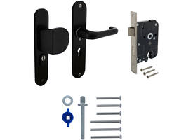 Set voordeurbeslag ovaal: SKG3 veiligheidsbeslag ovaal 250x50mm greep/kruk kt55 met SKG2 slot 55pc aluminium zwart