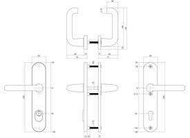 Set achterdeurbeslag ovaal: SKG3 veiligheidsbeslag ovaal 250x50mm kruk/kruk kt55 met SKG2 slot 55pc aluminium zwart