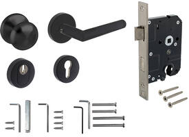 Set voordeurbeslag rond: deurkruk Jura op rozet, voordeurknop, SKG2rh slot pc55, SKG3 rozetten, structuur zwart