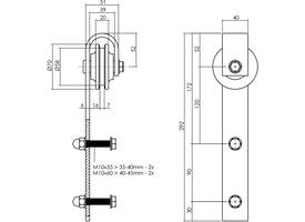 Set van 2 rollers recht 290mm tbv schuifdeursysteem 450101 inclusief bevestiging zwart