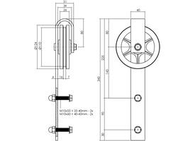 Set van 2 rollers spaakwiel 340mm tbv schuifdeursysteem 450121 inclusief bevestiging zwart