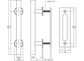 Deurgreep T-vorm ø25x305mm met schuifdeurkom 220x60mm zwart