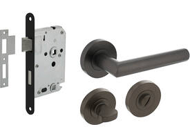 Set toiletslot 63/8 zwart met deurkruk Bastian op rozet ø52x10mm en WC-sluiting antraciet grijs