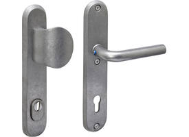 SKG3 veiligheidsbeslag ovaal 250x50mm greep/kruk Luzern met veerconstructie profielcilindergat 92mm met kerntrekbeveiliging rvs getrommeld