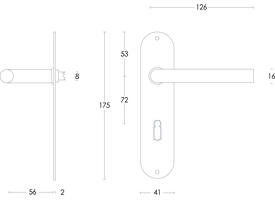 Deurkruk Recht ø16mm op schild ovaal 175x41x2mm sleutelgat 72mm rvs