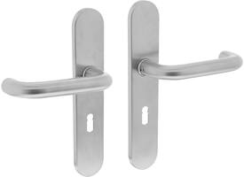 Deurkruk Rond op schild verdekt ovaal 220x42mm sleutelgat 56mm rvs