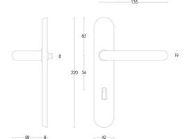 Deurkruk Rond op schild verdekt ovaal 220x42mm sleutelgat 56mm rvs