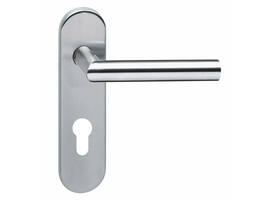 Deurkruk Jura brandvertragend met stift 9x9mm op schild verdekt ovaal 176x46mm profielcilindergat 72mm rvs