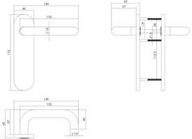 Deurkruk Rond brandvertragend met stift 9x9mm op schild verdekt ovaal 176x46mm blind rvs