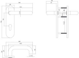 Deurkruk Rond brandvertragend met stift 9x9mm op schild verdekt ovaal 176x46mm profielcilindergat 72mm rvs