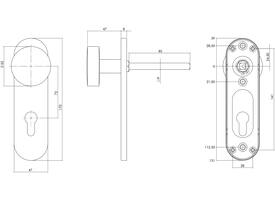 Knopschild ovaal verdekt brandvertragend 170x47x8mm met vaste knop plat en wisselstift 9mm profielcilindergat 72mm rvs