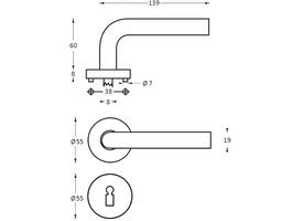 Deurkruk Half rond/90°op rozet verdekt ø55x8mm met nokken en sleutelrozetten rvs