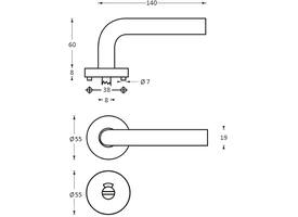 Deurkruk Half rond/90°op rozet verdekt ø55x8mm met nokken en WC-sluiting met stift 8x8mm rvs