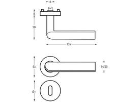 Deurkruk Ovaal/90° op rozet verdekt ø53x8mm met nokken en sleutelrozetten rvs