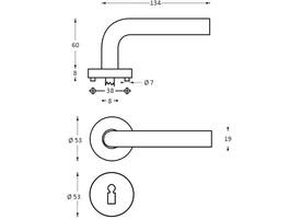 Deurkruk Half rond/90° op rozet verdekt ø53x8mm met nokken en sleutelrozetten rvs