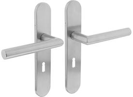 Deurkruk Jura op schild verdekt ovaal 219x40mm met nokken sleutelgat 56mm rvs EN1906/4
