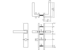 Deurkruk Vierkant op schild verdekt rechthoekig 219x40mm met nokken wc 78/8mm rvs EN1906/4